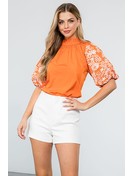 Berkley ruffle Neck Button Back top with White floral embroidered Puff Sleeves