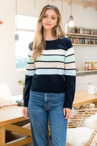 Rylee Navy Mint and White Color Block Knit Sweater