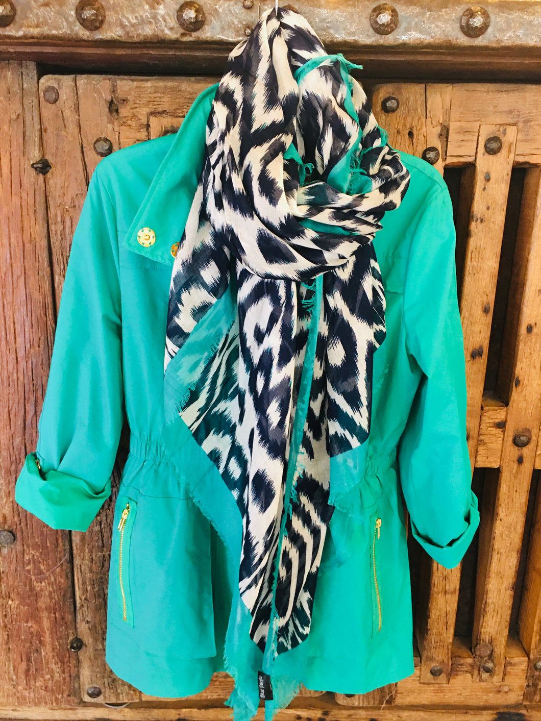 Silk and Cashmere Scarf- Teal and Navy Ikat print