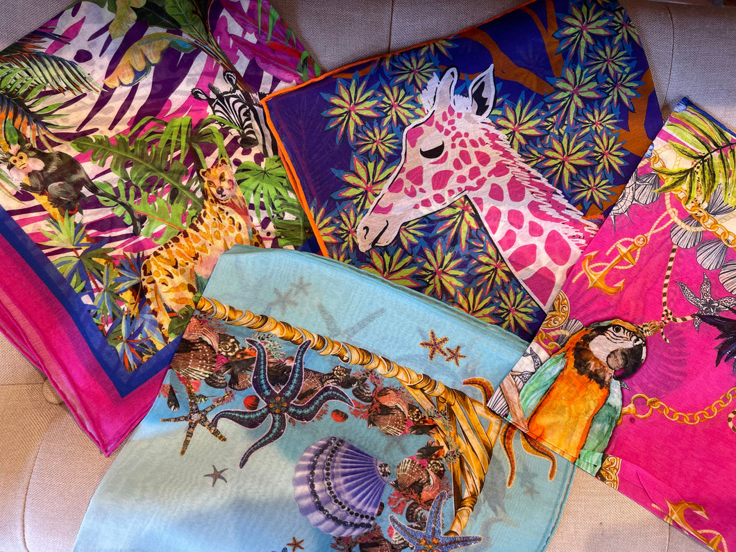 Bright  Cotton and Silk Blend Ascots in Assorted Colorful Jungle and Ocean Prints