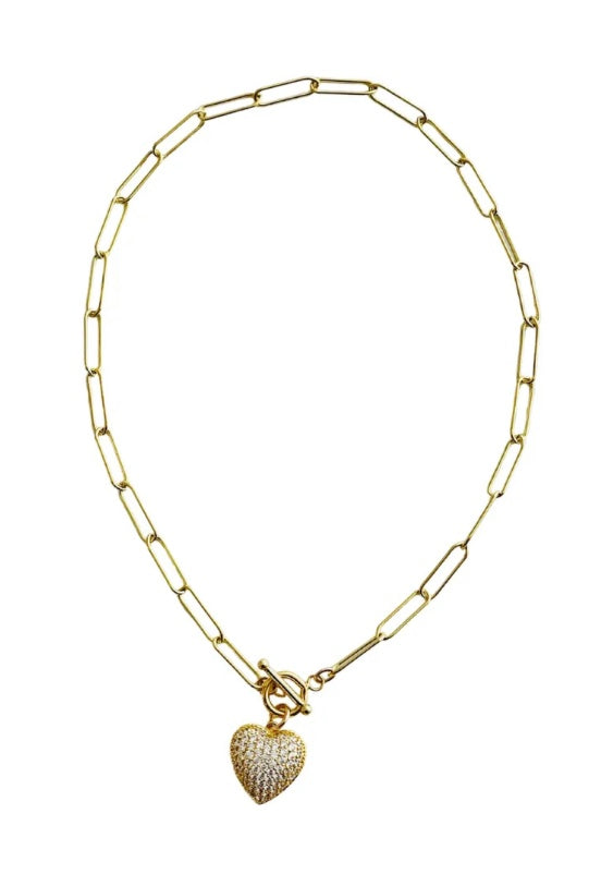 Elle Woods 14K Gold Filled CZ heart on Paper Clip Toggle chain