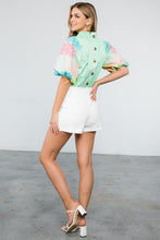 Load image into Gallery viewer, Berkley ruffle Neck Button Back top with White floral embroidered Puff Sleeves

