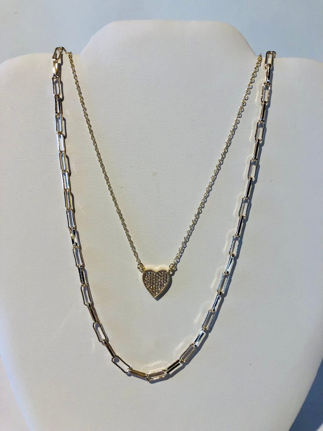 Dobi 2 strand Gold Paperclip Necklace with CZ Heart Strand