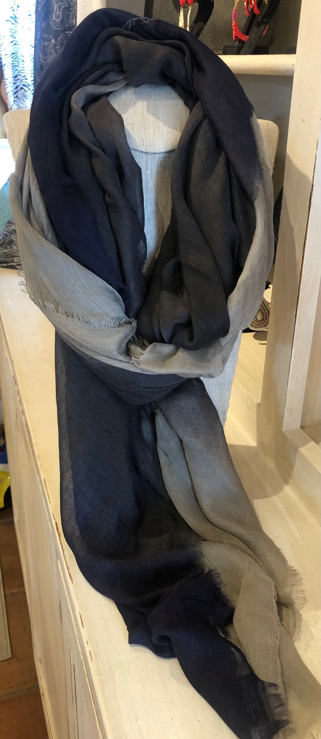 Blue Pacific Silk and Cashmere Scarf Navy Taupe Ombre