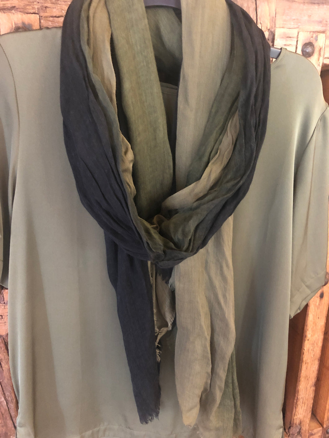 Silk and Cashmere Scarf - Olive/Black Ombre