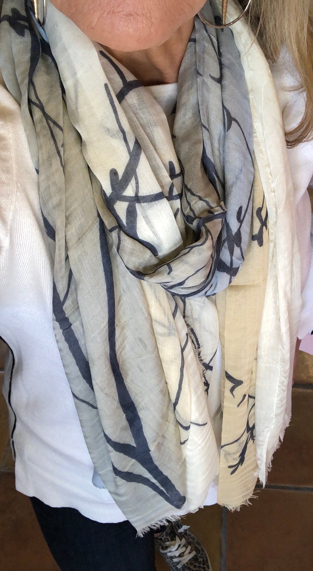 Silk and Cashmere Scarf -  Camel Silver & Blue Tree