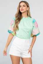 Load image into Gallery viewer, Devyn Puff Sleeve Multi Colored embroidered Sleeve Top with Button Down Back
