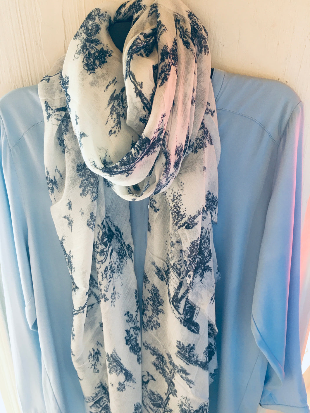 Silk and Cashmere Scarf - English Colonial Toile in Navy and white