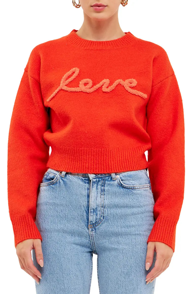 Orange Love Chenille Embroidered Plush Crop Sweater